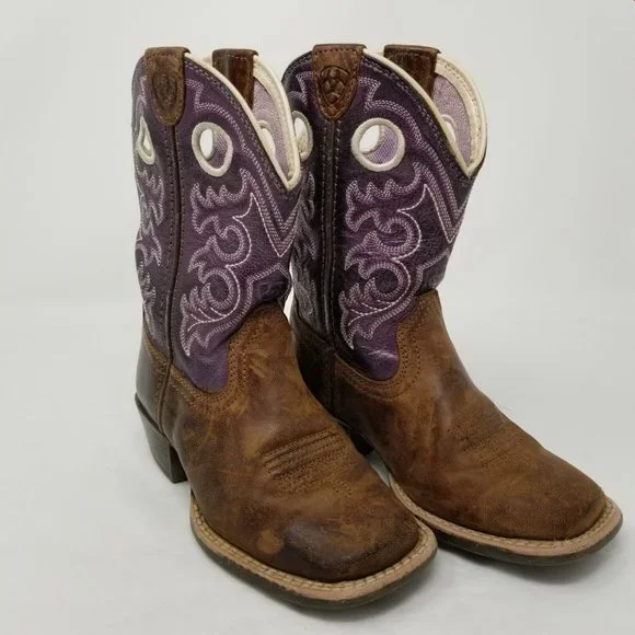 Ariat Kid's Brown Purple Leather Square Toe Mid-Calf Western Boots Size US 10 - Picture 4 of 12